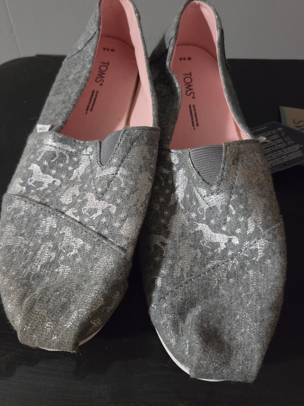 Womens Toms Gray Canvas Slip-On Flats with Pink Lining Unicorn